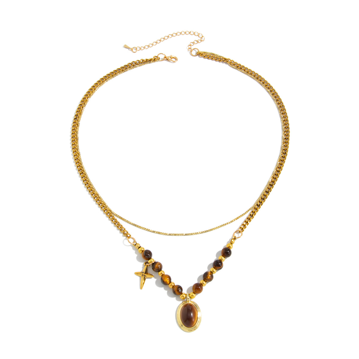 Tiger's Eye‌ and Goldtone Oval Pendant Layered Necklace, dainty minimalist design, front view