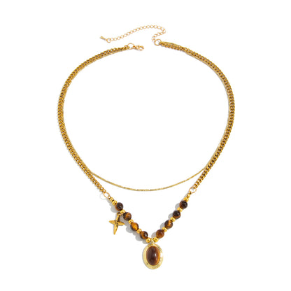 Tiger's Eye‌ and Goldtone Oval Pendant Layered Necklace, dainty minimalist design, front view