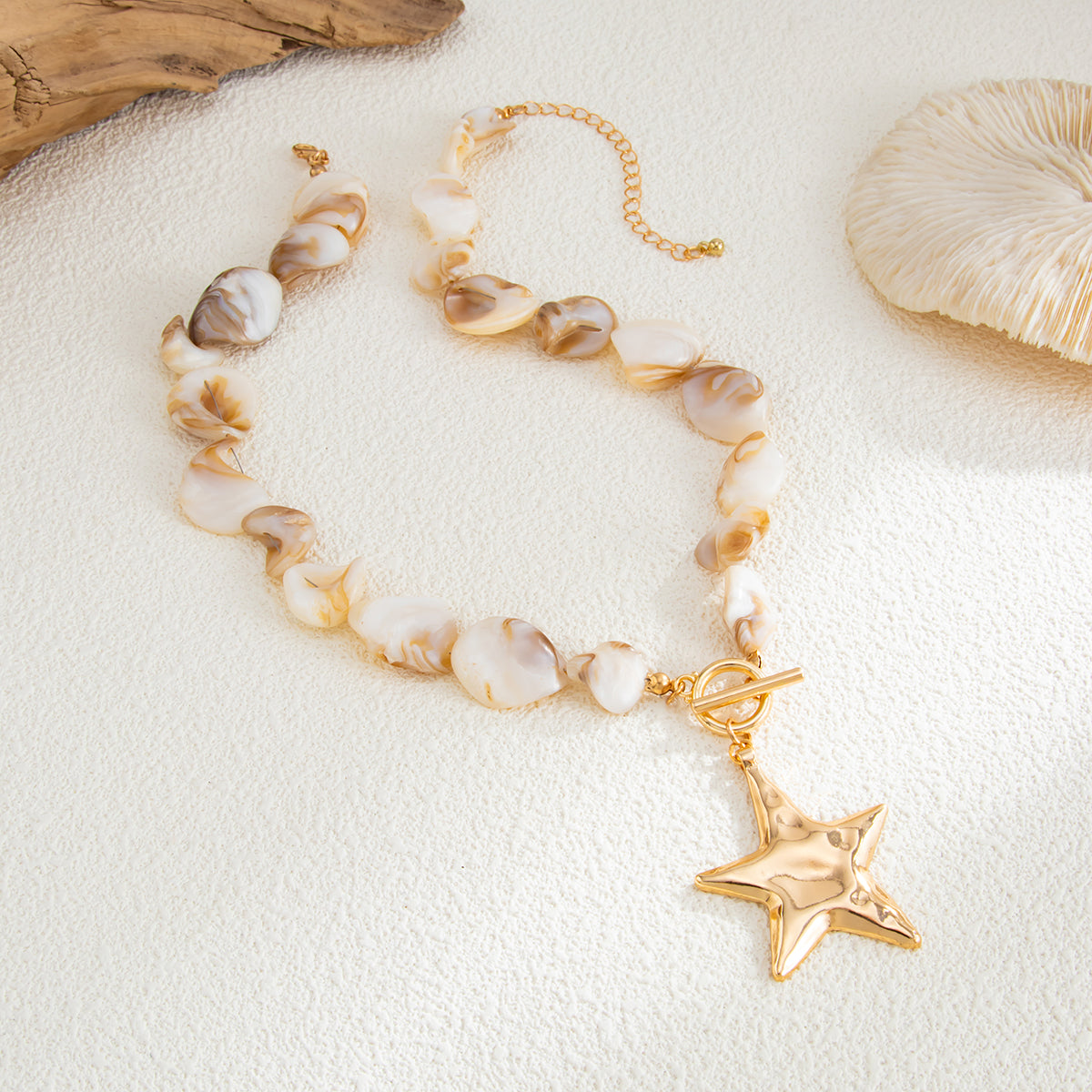Shell and Goldtone Starfish Pendant Necklace, botanical inspired, detail close-up