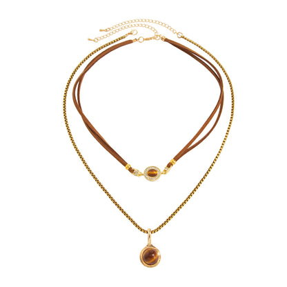 Tiger's Eye & Polyster Cubic Zirconia Goldtone Oval Round Pendant Necklace Set