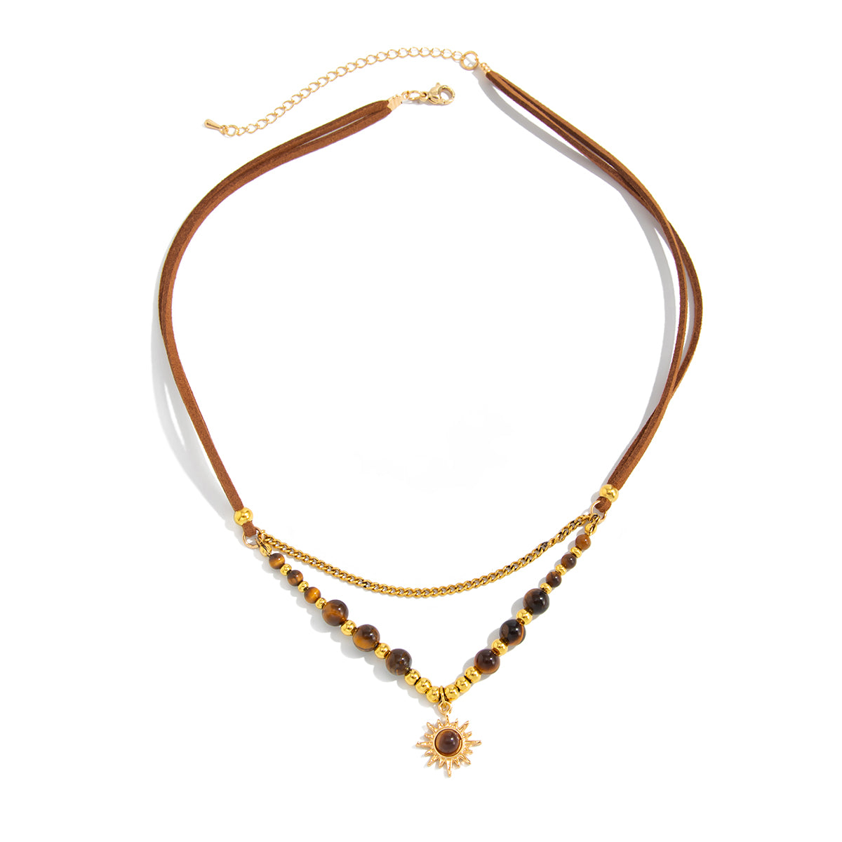Tiger's Eye‌ and Polyster Goldtone Sun Pendant Layered Necklace, dainty minimalist design, front view