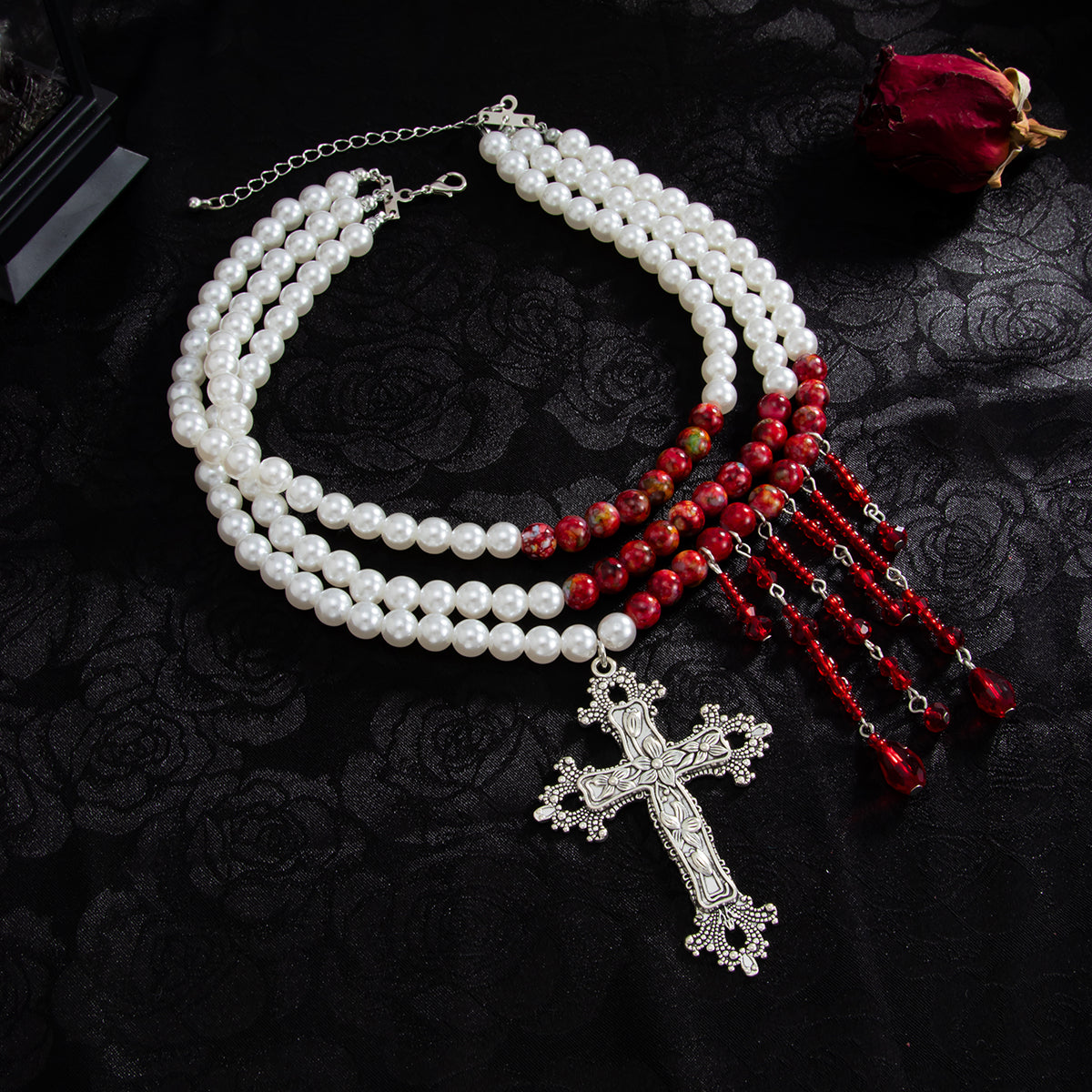 Red Acrylic and Sandstone Pearl Silvertone Cross Pendant Layered Necklace, botanical inspired, side view