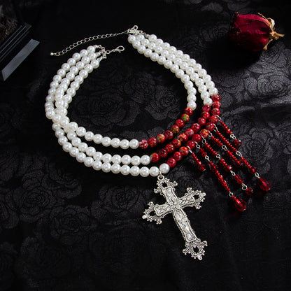 Red Acrylic and Sandstone Pearl Silvertone Cross Pendant Layered Necklace, botanical inspired, side view