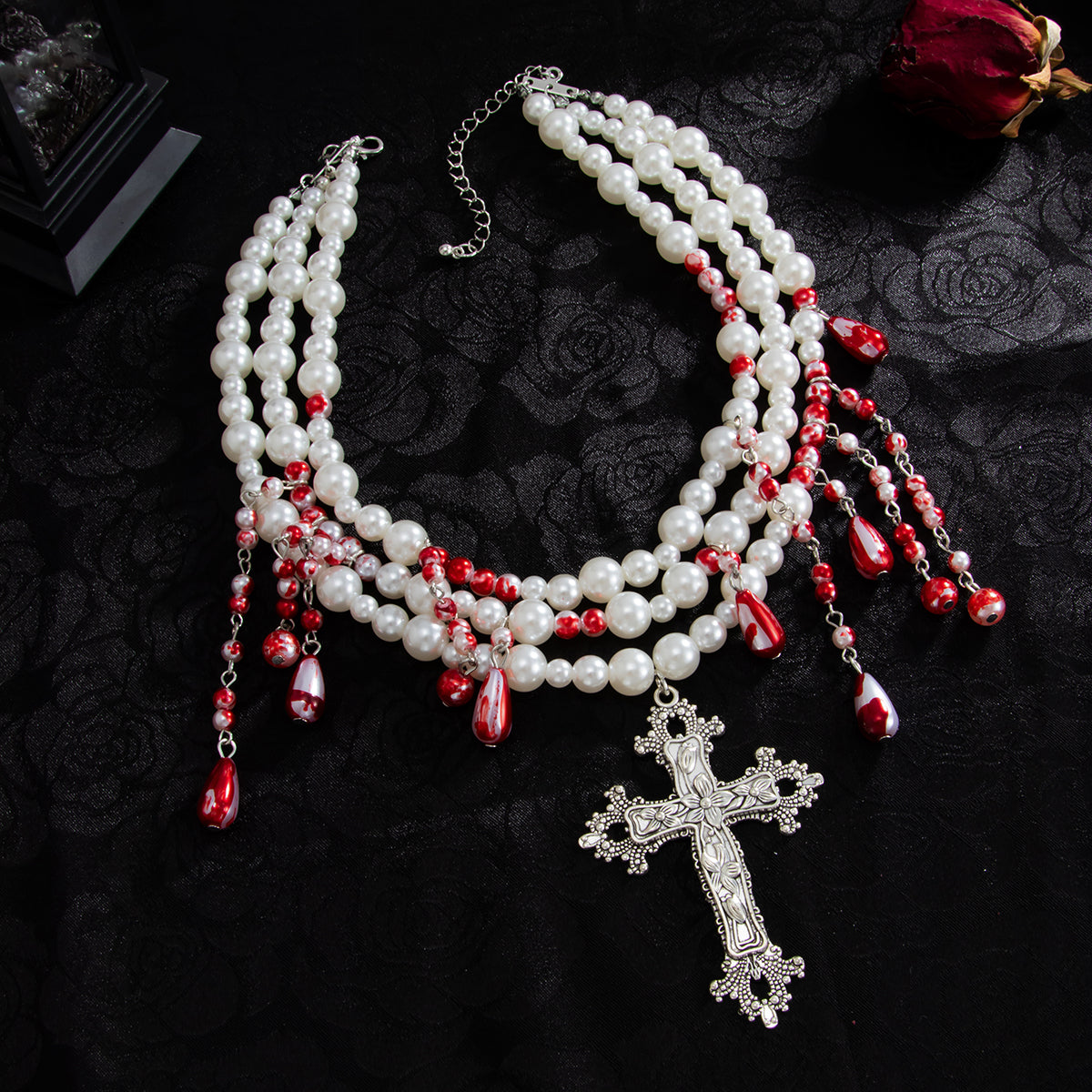 Red Enamel and Pearl Silvertone Drop Cross Pendant Layered Necklace, elegant gift for her, side view