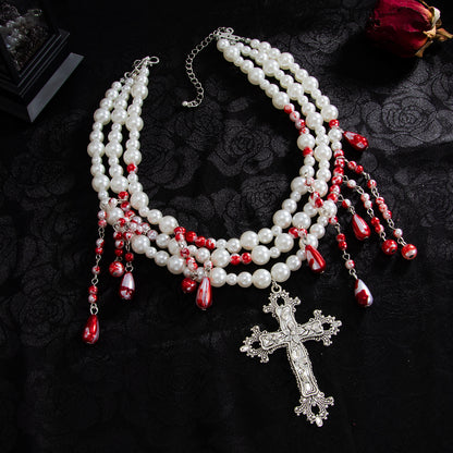 Red Enamel and Pearl Silvertone Drop Cross Pendant Layered Necklace, elegant gift for her, side view
