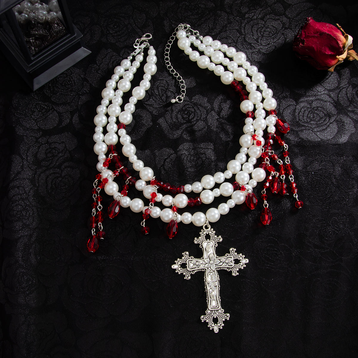 Red Acrylic and Pearl Silvertone Drop Cross Pendant Layered Necklace, dainty minimalist design, side view