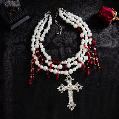 Red Acrylic and Pearl Silvertone Drop Cross Pendant Layered Necklace, dainty minimalist design, side view