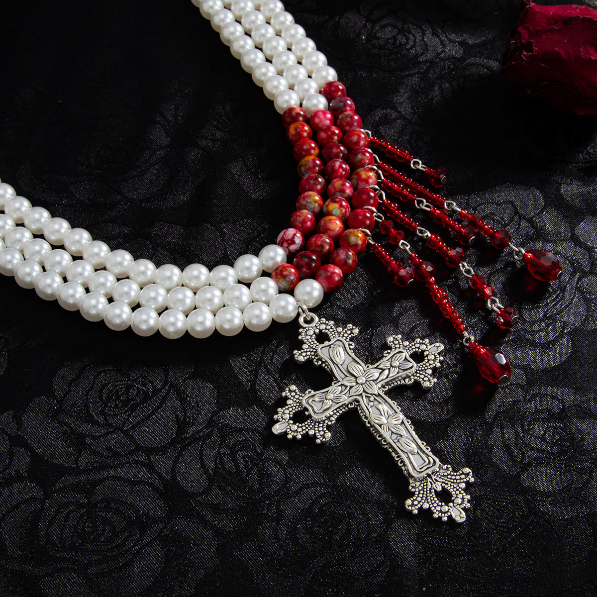 Red Acrylic and Sandstone Pearl Silvertone Cross Pendant Layered Necklace, botanical inspired, detail close-up