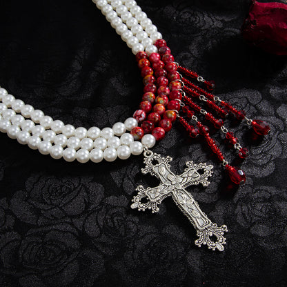Red Acrylic and Sandstone Pearl Silvertone Cross Pendant Layered Necklace, botanical inspired, detail close-up