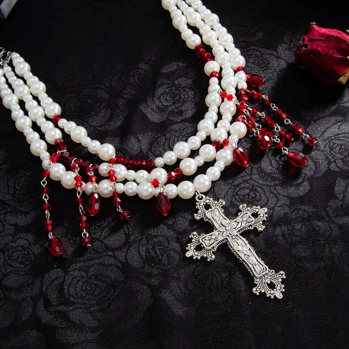 Red Acrylic and Pearl Silvertone Drop Cross Pendant Layered Necklace, dainty minimalist design, detail close-up