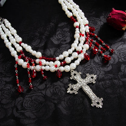 Red Acrylic and Pearl Silvertone Drop Cross Pendant Layered Necklace, dainty minimalist design, detail close-up