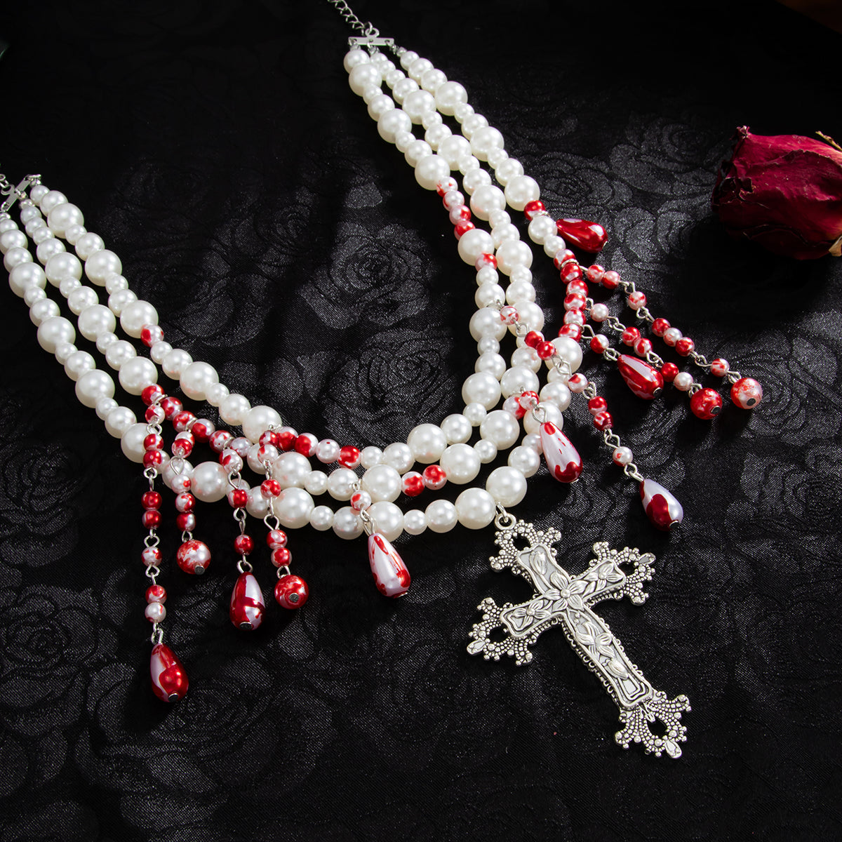 Red Enamel and Pearl Silvertone Drop Cross Pendant Layered Necklace, elegant gift for her, detail close-up