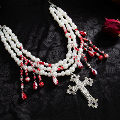 Red Enamel and Pearl Silvertone Drop Cross Pendant Layered Necklace, elegant gift for her, detail close-up