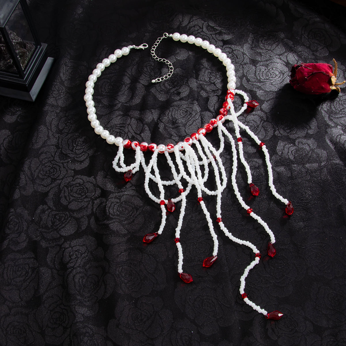 White Acrylic and Enamel Pearl Silvertone Tassel Necklace, dainty minimalist design, side view