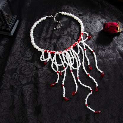 White Acrylic and Enamel Pearl Silvertone Tassel Necklace, dainty minimalist design, side view