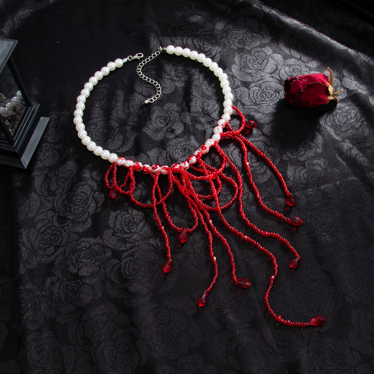 Red Acrylic and Enamel Pearl Silvertone Tassel Necklace, dainty minimalist design, side view