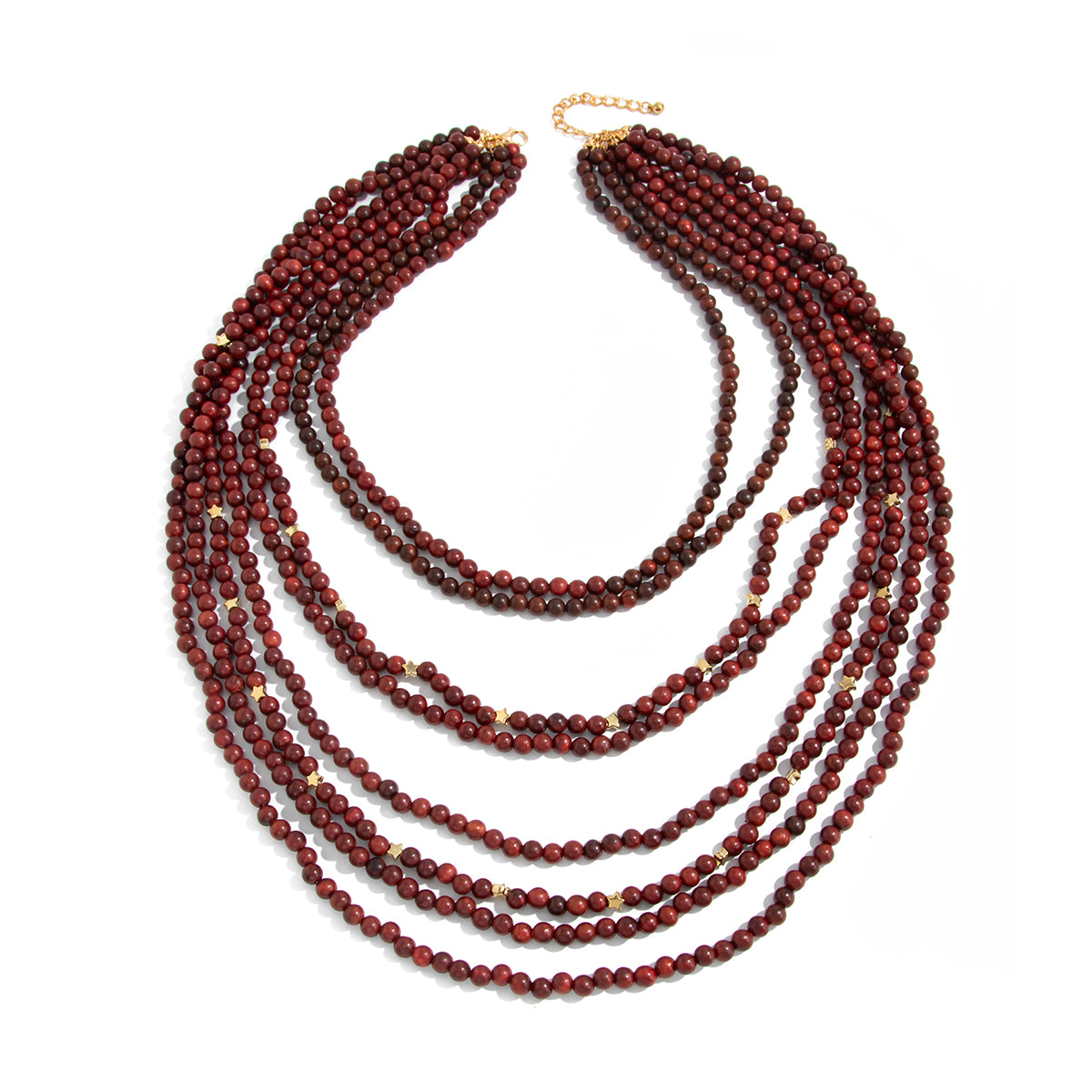 Red Wood and Goldtone Star Beaded Chain Layered Necklace, vintage-inspired design, front view