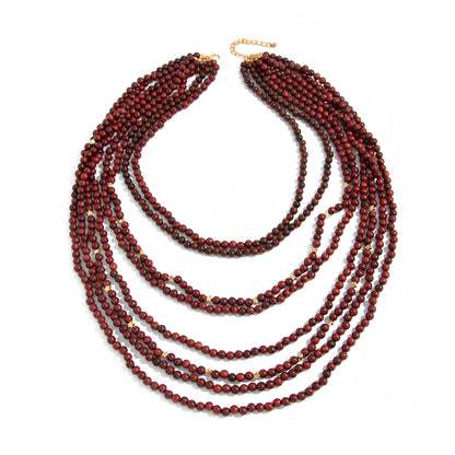 Red Wood and Goldtone Star Beaded Chain Layered Necklace, vintage-inspired design, front view