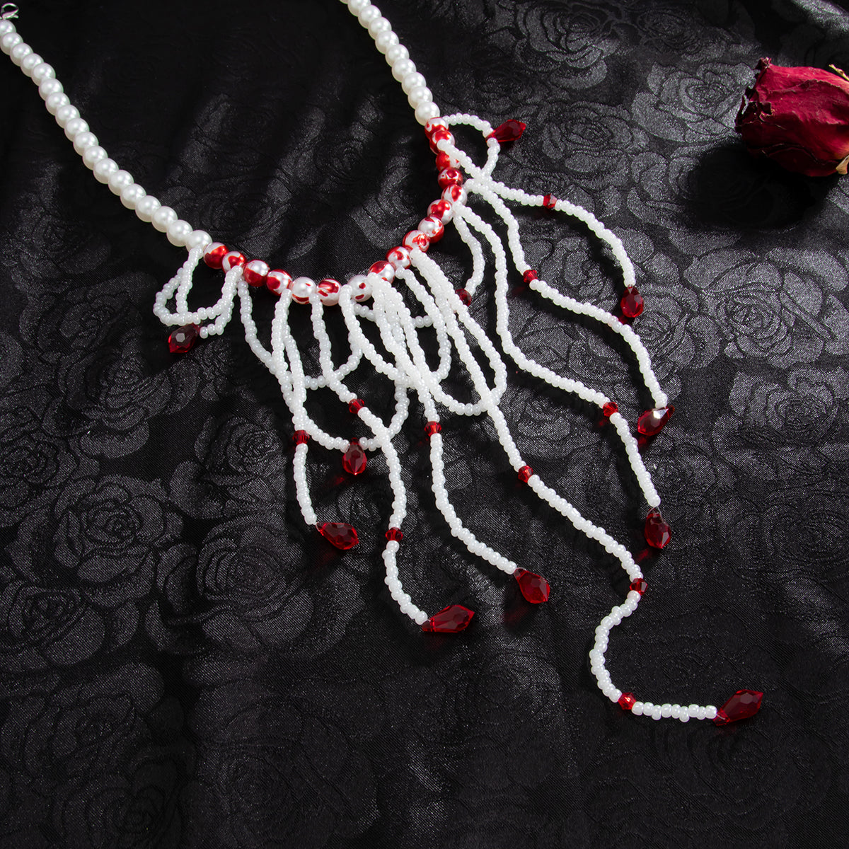 White Acrylic and Enamel Pearl Silvertone Tassel Necklace, dainty minimalist design, detail close-up
