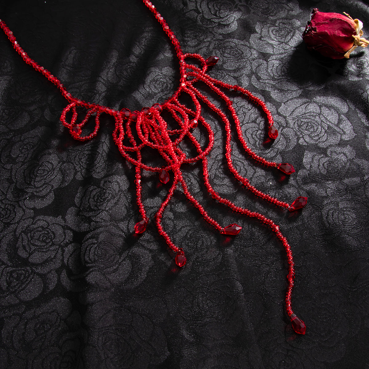 Red Acrylic and Silvertone Tassel Necklace, everyday style, detail close-up