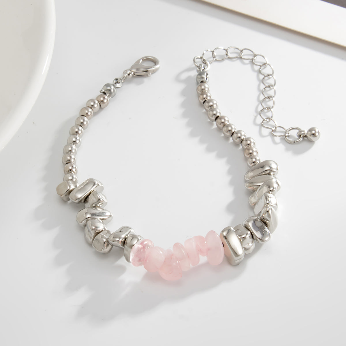 Pink Resin and Silvertone Irregular Beads Link Bracelet, silver bracelet for women, vintage-inspired design, side view