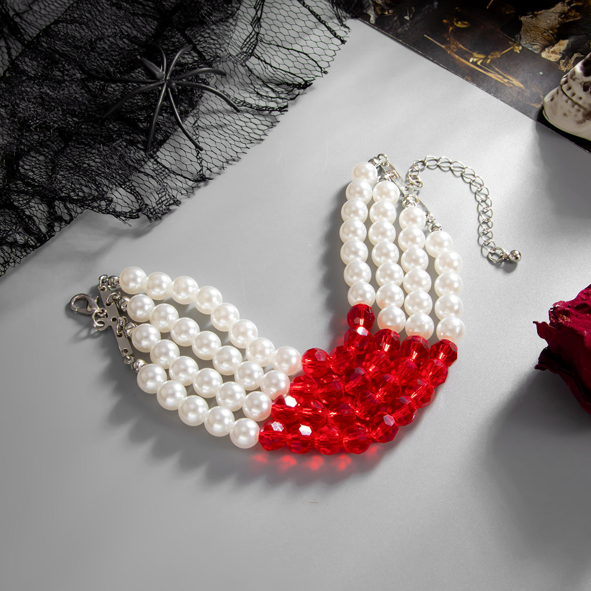 Red Acrylic and Pearl Silvertone Layered Bracelet, silver bracelet for women, vintage-inspired design, side view