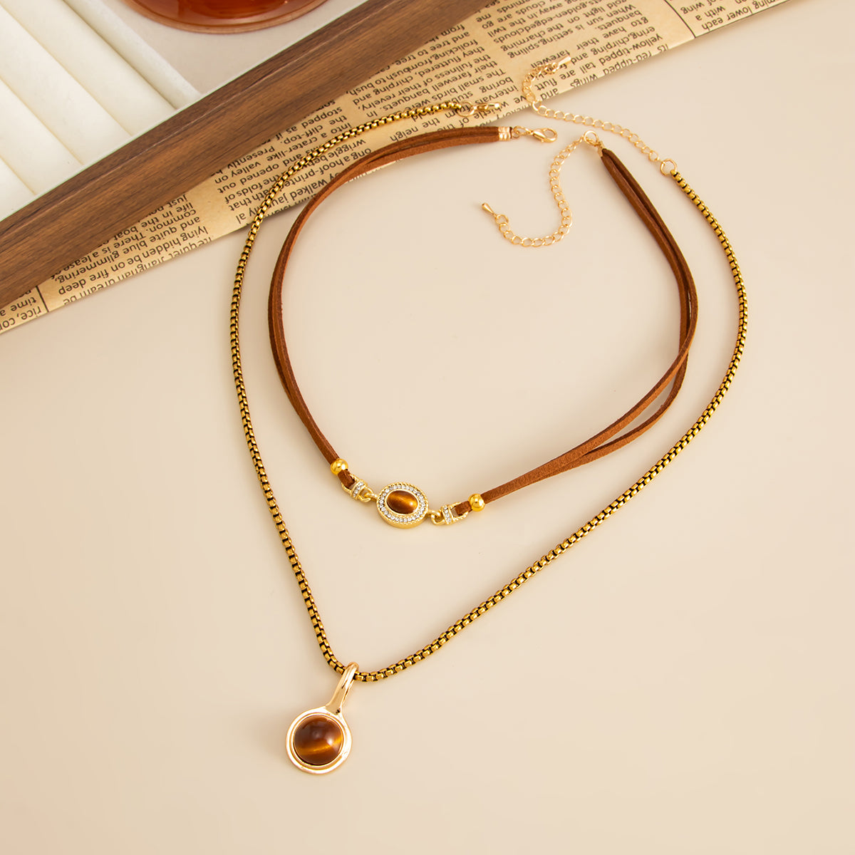 Tiger's Eye & Polyster Cubic Zirconia Goldtone Oval Round Pendant Necklace Set