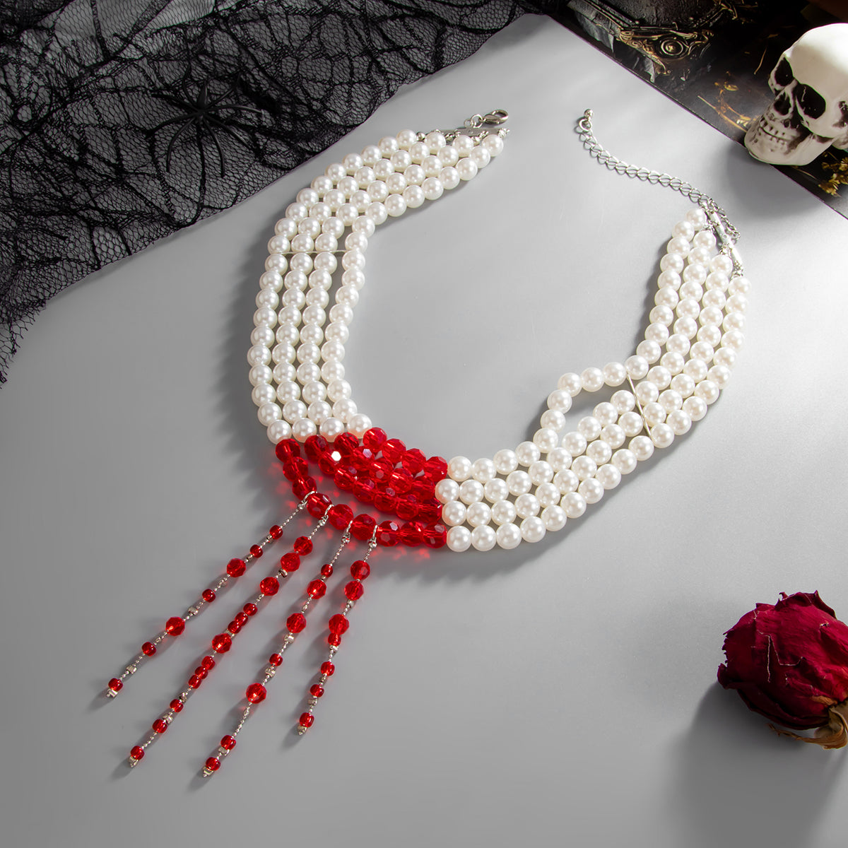 Red Acrylic and Pearl Silvertone Drop Tassel Layered Necklace, elegant gift for her, detail close-up