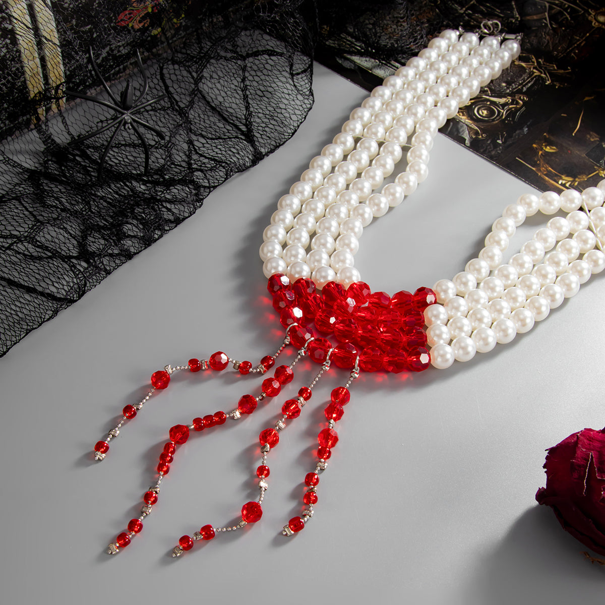 Red Acrylic and Pearl Silvertone Drop Tassel Layered Necklace, elegant gift for her, side view