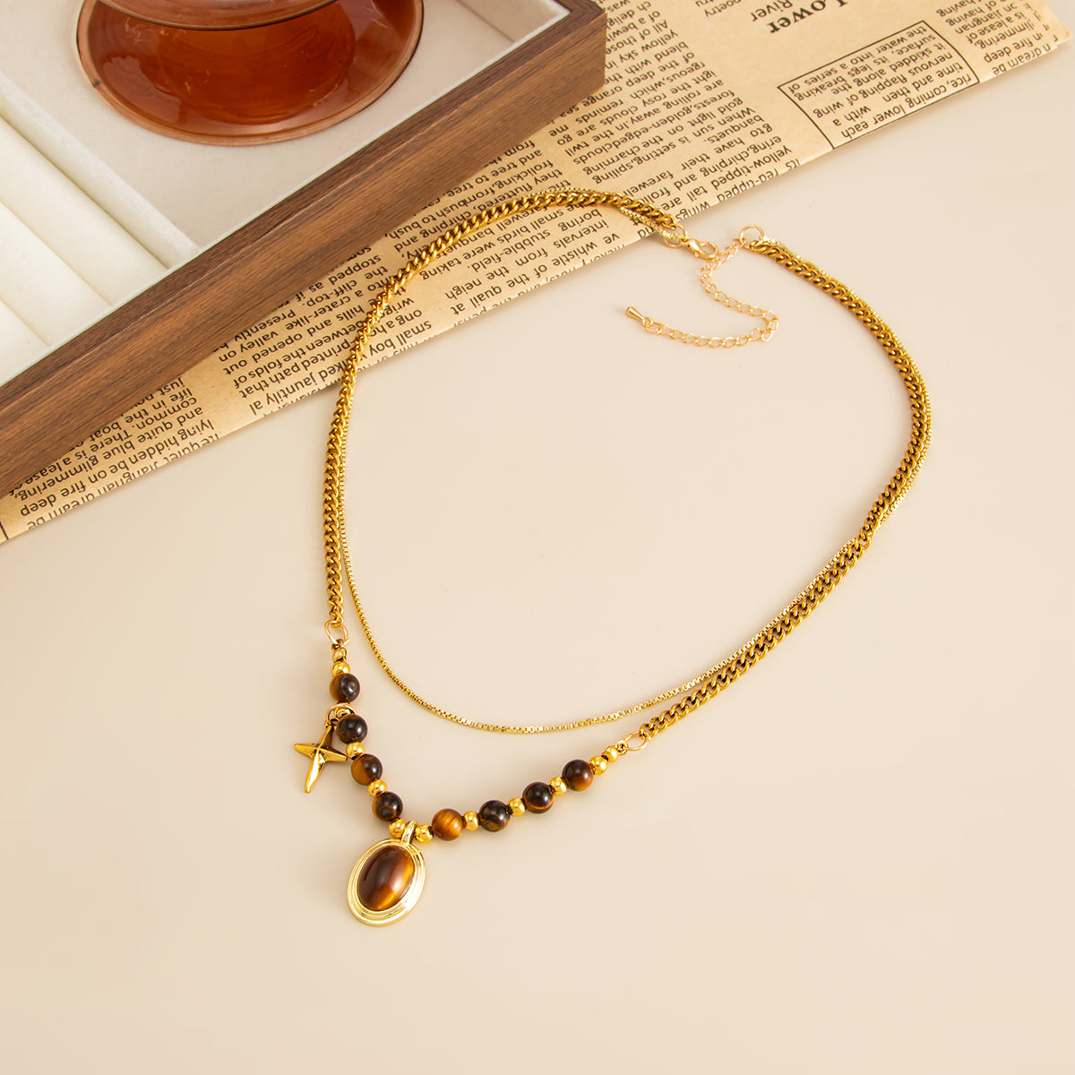 Tiger's Eye‌ and Goldtone Oval Pendant Layered Necklace, dainty minimalist design, side view