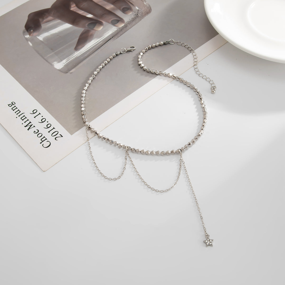 Cubic Zirconia and Silvertone Beaded Chain Star Drop Necklace, elegant gift for her, side view