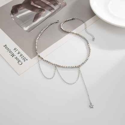 Cubic Zirconia and Silvertone Beaded Chain Star Drop Necklace, elegant gift for her, side view
