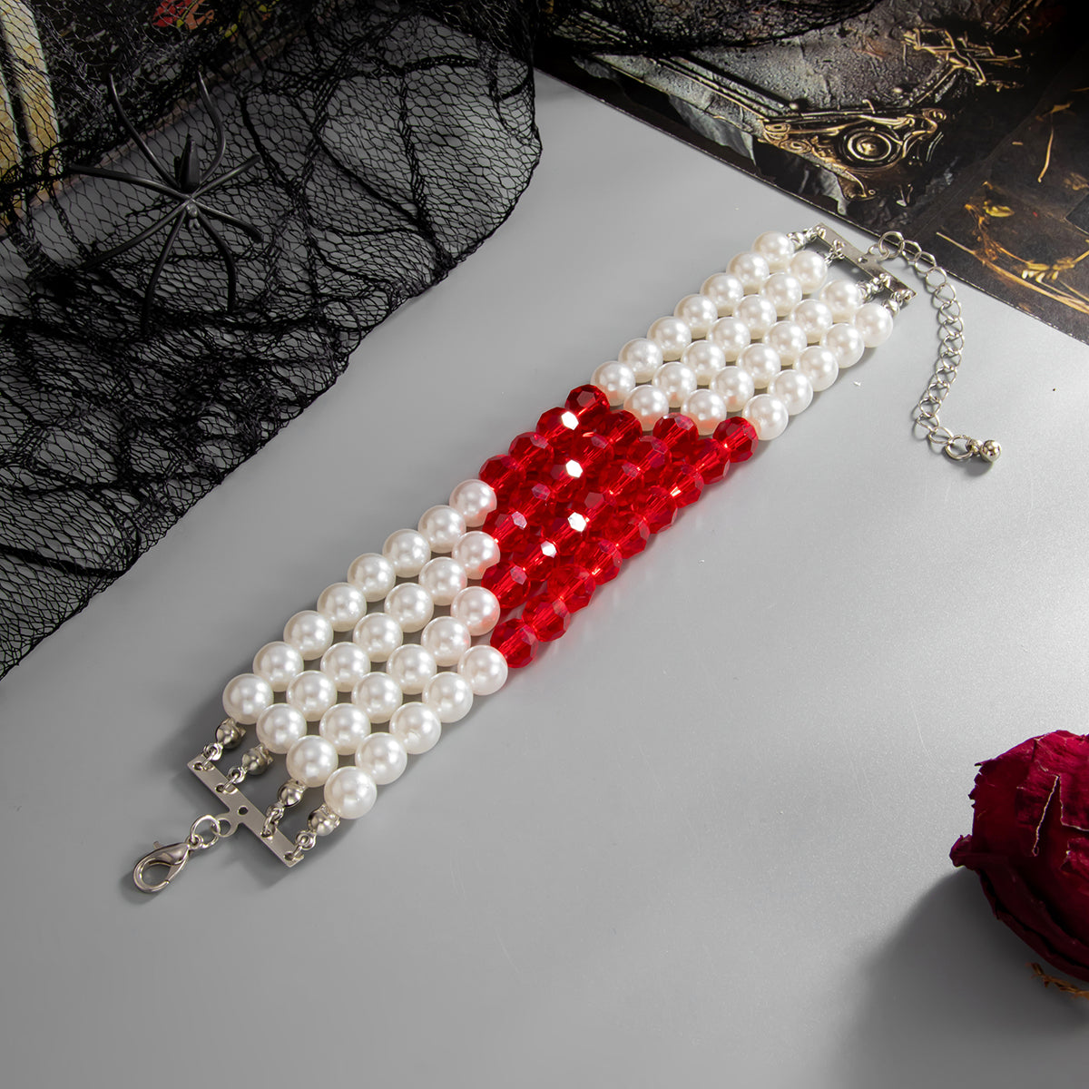 Red Acrylic and Pearl Silvertone Layered Bracelet, silver bracelet for women, vintage-inspired design, detail close-up