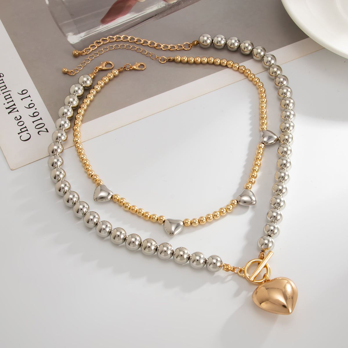 Two Tone Beads Chain Heart Pendant Necklace Set, pendant necklace for women, elegant gift for her, side view