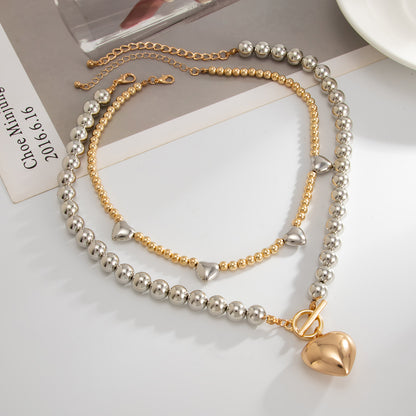 Two Tone Beads Chain Heart Pendant Necklace Set, pendant necklace for women, elegant gift for her, side view