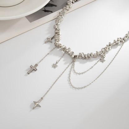 Cubic Zirconia and Silvertone Cross Star Drop Necklace, vintage-inspired design, detail close-up