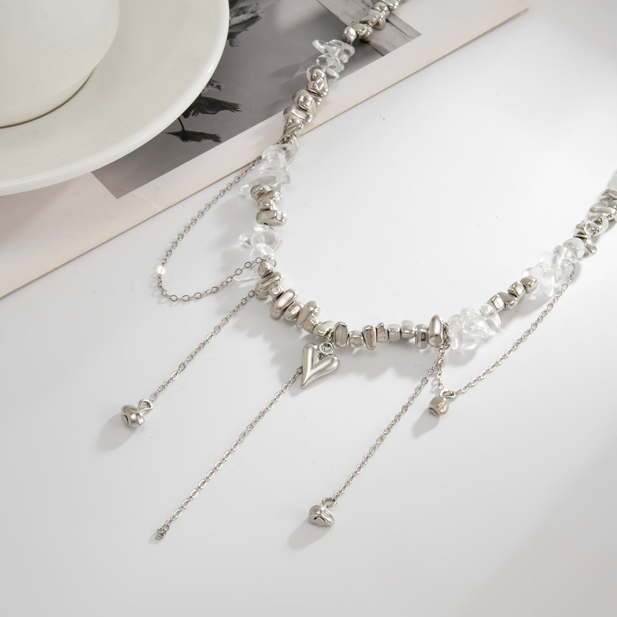 Clear Resin and Silvertone Heart Tassel Necklace, everyday style, detail close-up