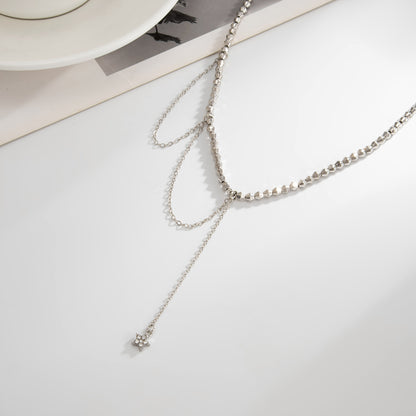 Cubic Zirconia and Silvertone Beaded Chain Star Drop Necklace, elegant gift for her, detail close-up