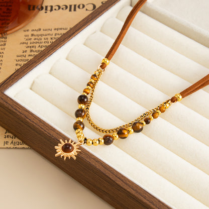Tiger's Eye‌ and Polyster Goldtone Sun Pendant Layered Necklace, dainty minimalist design, side view