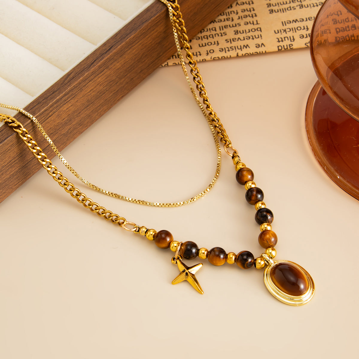 Tiger's Eye‌ and Goldtone Oval Pendant Layered Necklace, dainty minimalist design, detail close-up