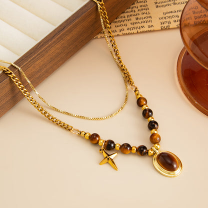 Tiger's Eye‌ and Goldtone Oval Pendant Layered Necklace, dainty minimalist design, detail close-up