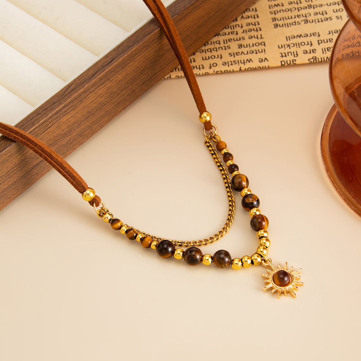 Tiger's Eye‌ and Polyster Goldtone Sun Pendant Layered Necklace, dainty minimalist design, detail close-up
