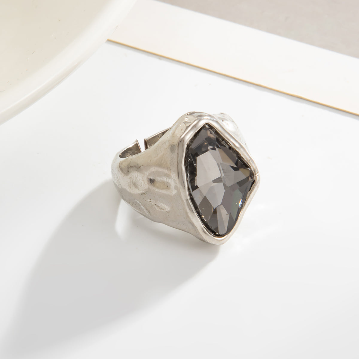 Gray Crystal and Silvertone Irregular Shape Open Ring, everyday style, side view
