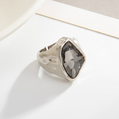 Gray Crystal and Silvertone Irregular Shape Open Ring, everyday style, side view