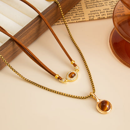 Tiger's Eye & Polyster Cubic Zirconia Goldtone Oval Round Pendant Necklace Set