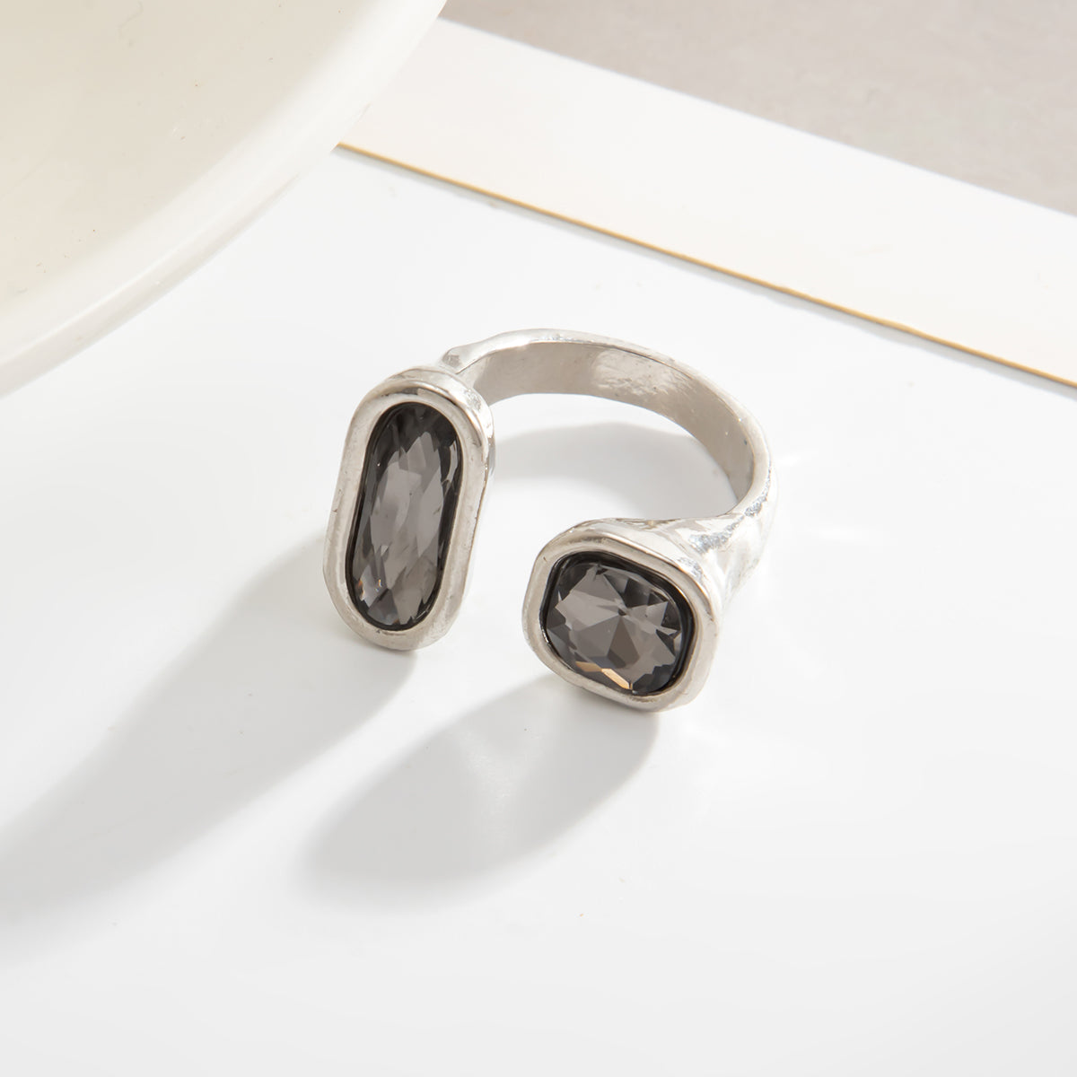 Gray Crystal and Silvertone Rectangle Square Open Ring, botanical inspired, side view