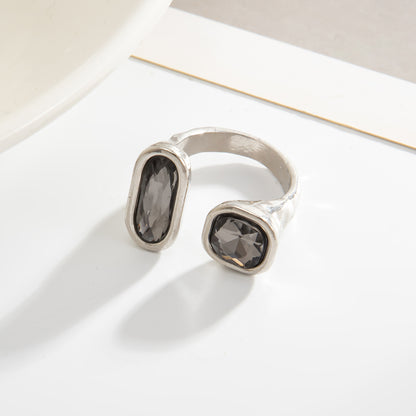 Gray Crystal and Silvertone Rectangle Square Open Ring, botanical inspired, side view