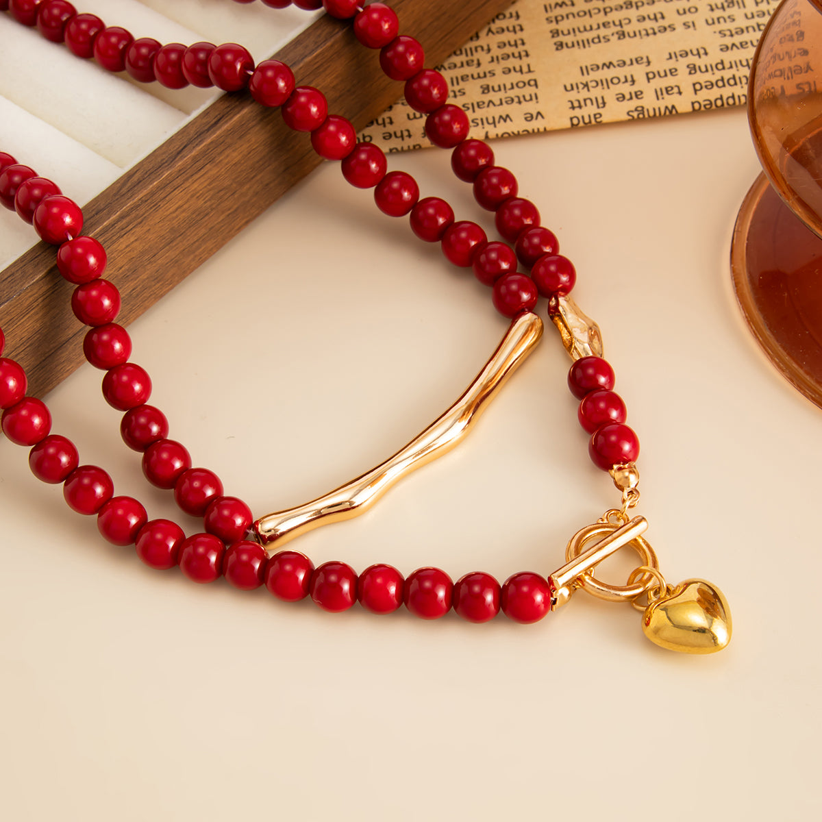Red Resin & Goldtone Beads Chain Bar Heart Pendant Necklace Set