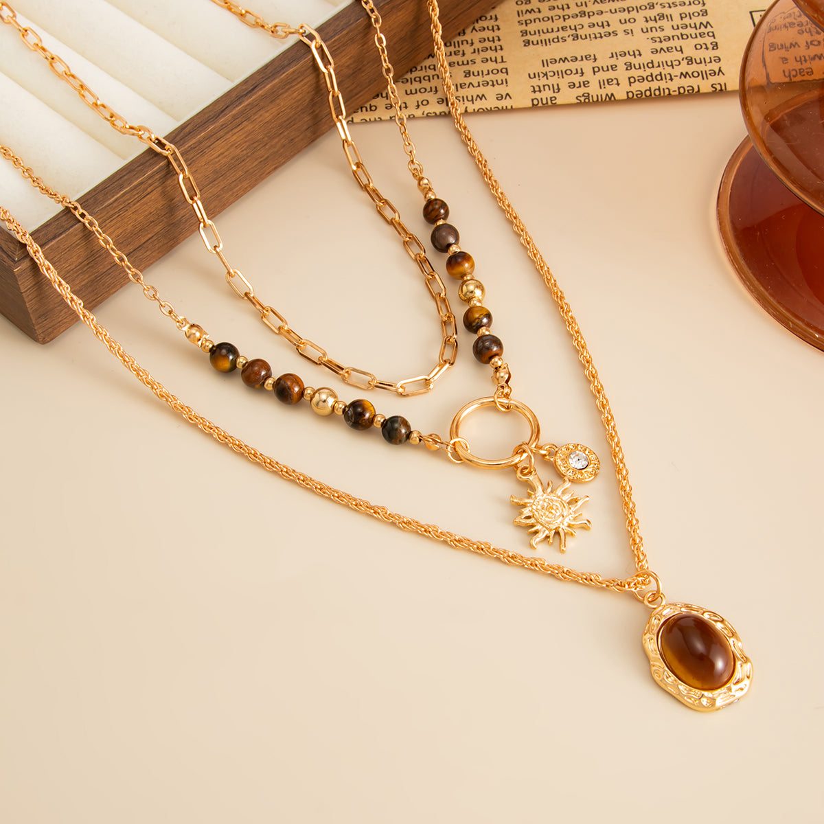 Tiger's Eye & Cubic Zirconia Goldtone Sun Oval Pendant Necklace Set