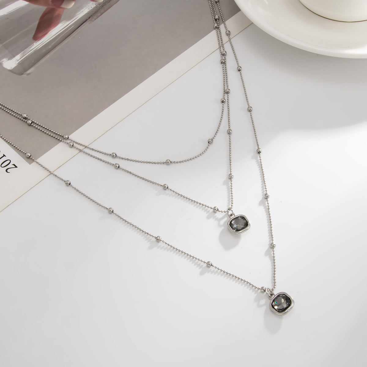Crystal and Silvertone Beaded Chain Pendant Layered Necklace, dainty minimalist design, detail close-up